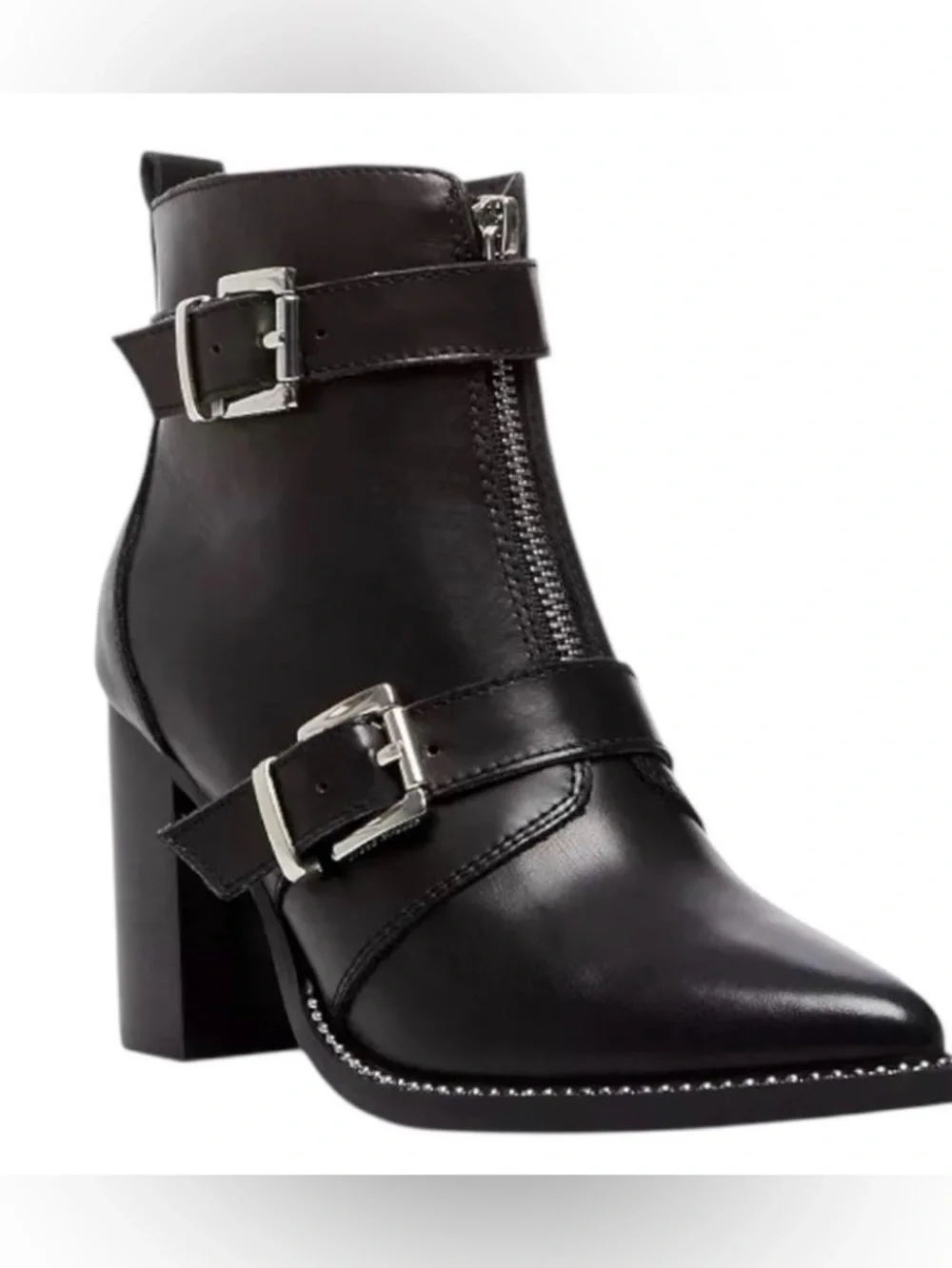 Halle Moto Buckle Booties Black 11M Leather Pointed Toe Side Zipper